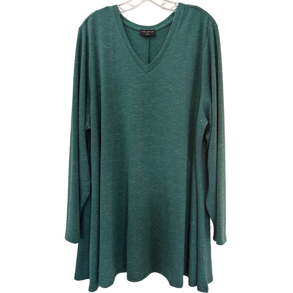Lane Bryant Tunic Top Dress Size 26/28 Forest Green Long Sleeve Silver Sparkle